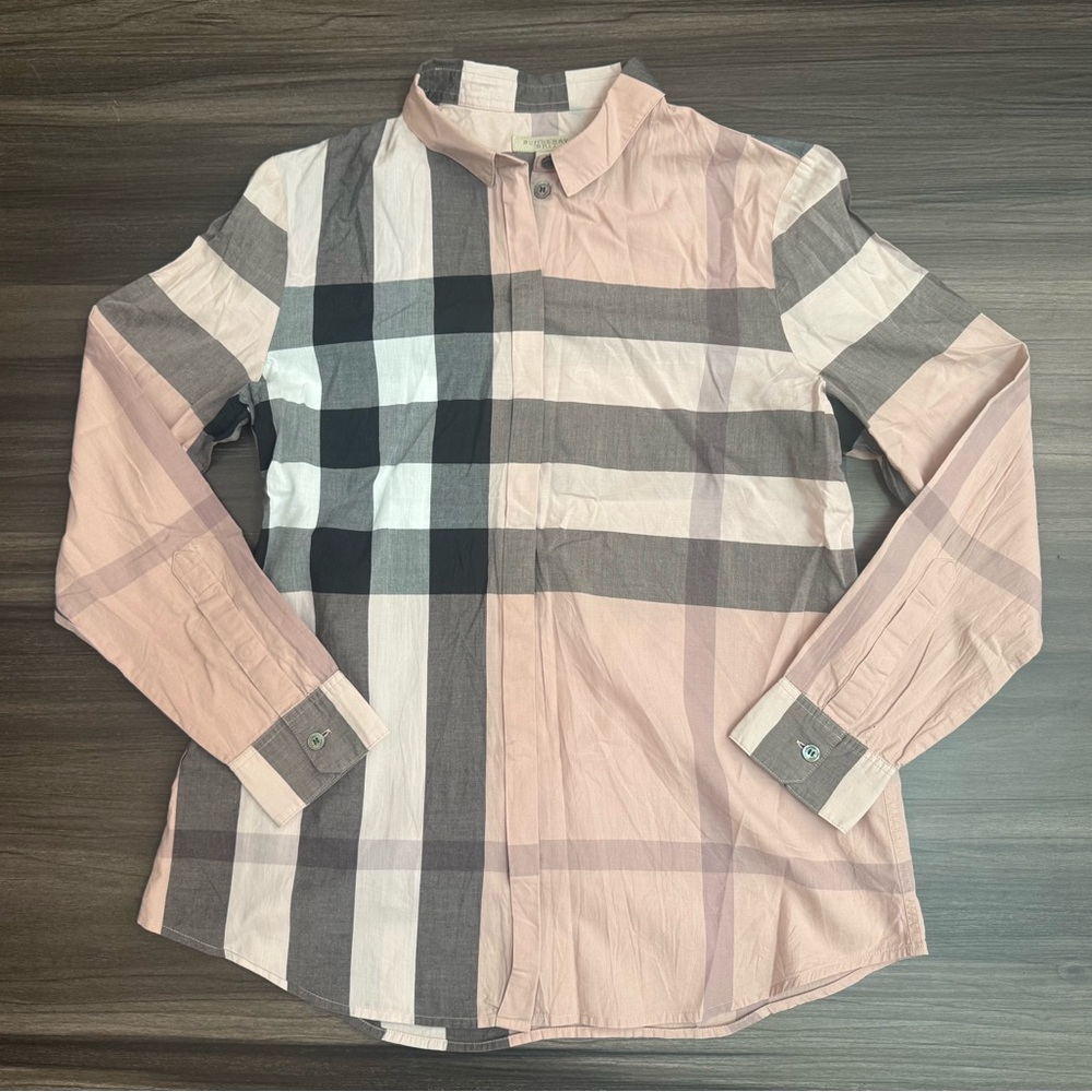 Burberry Pink Lace Nova Check Print Cotton Button Down Long Shirt Women's Small